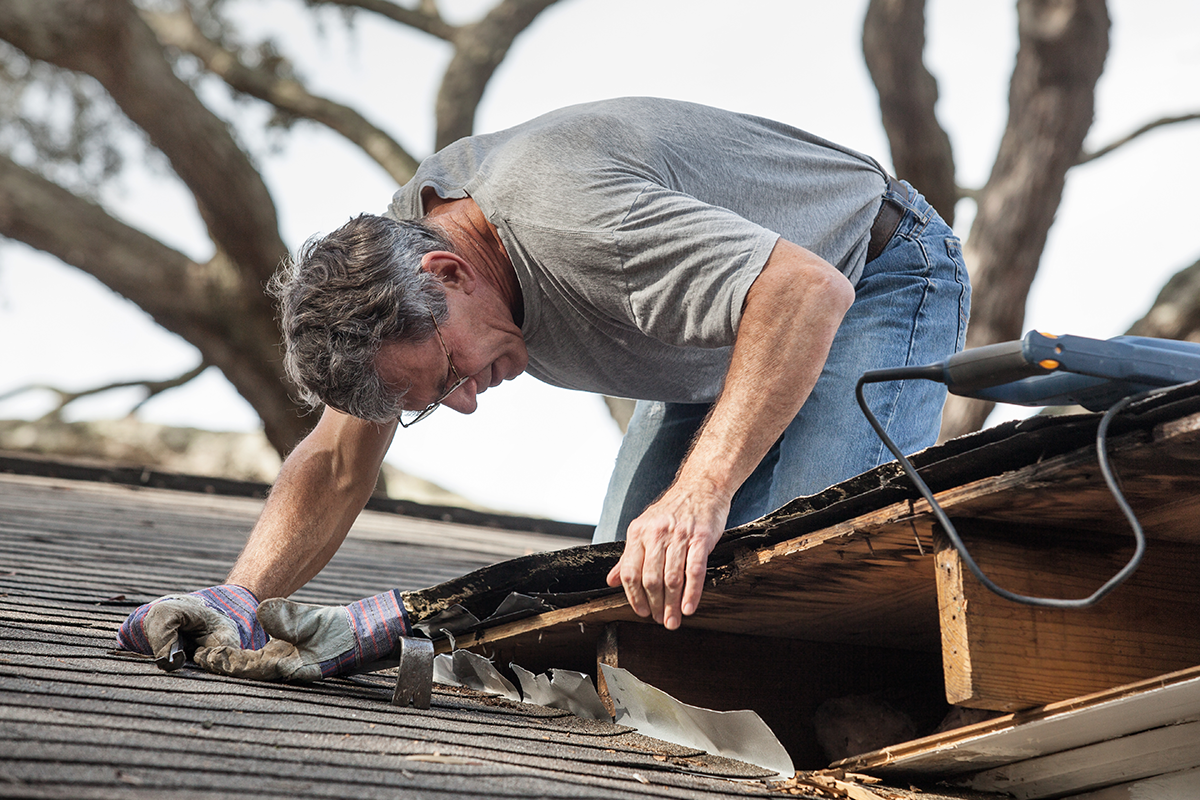man examining and repairing rotten leaking house roof